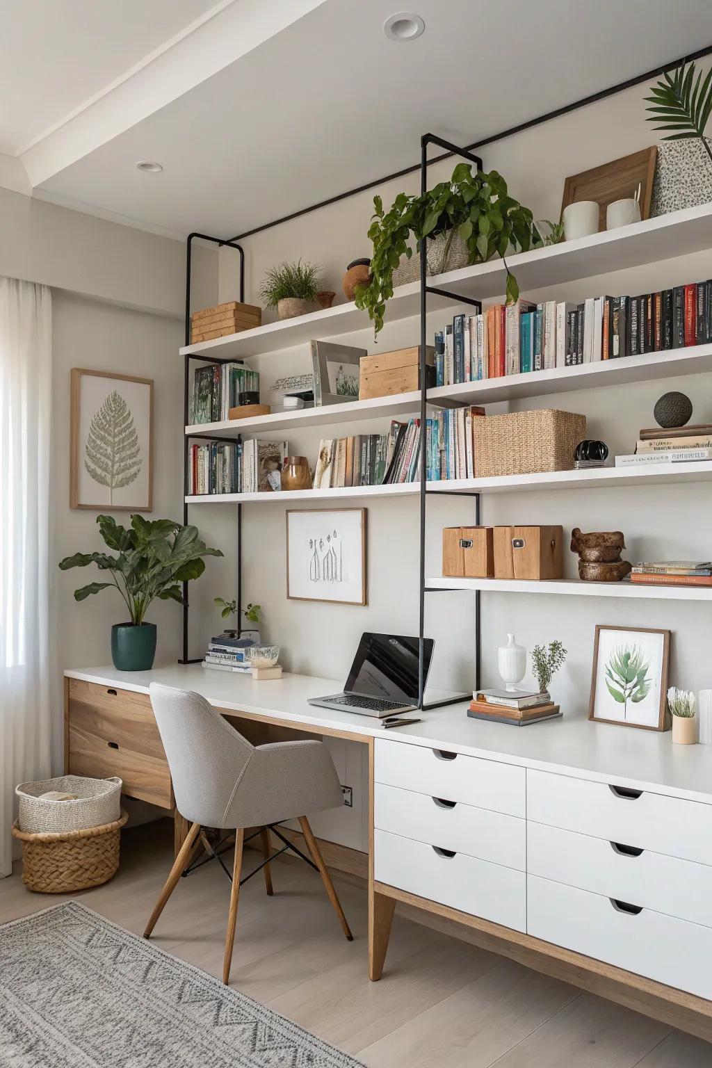 Fashionable shelving units in a modern home office.