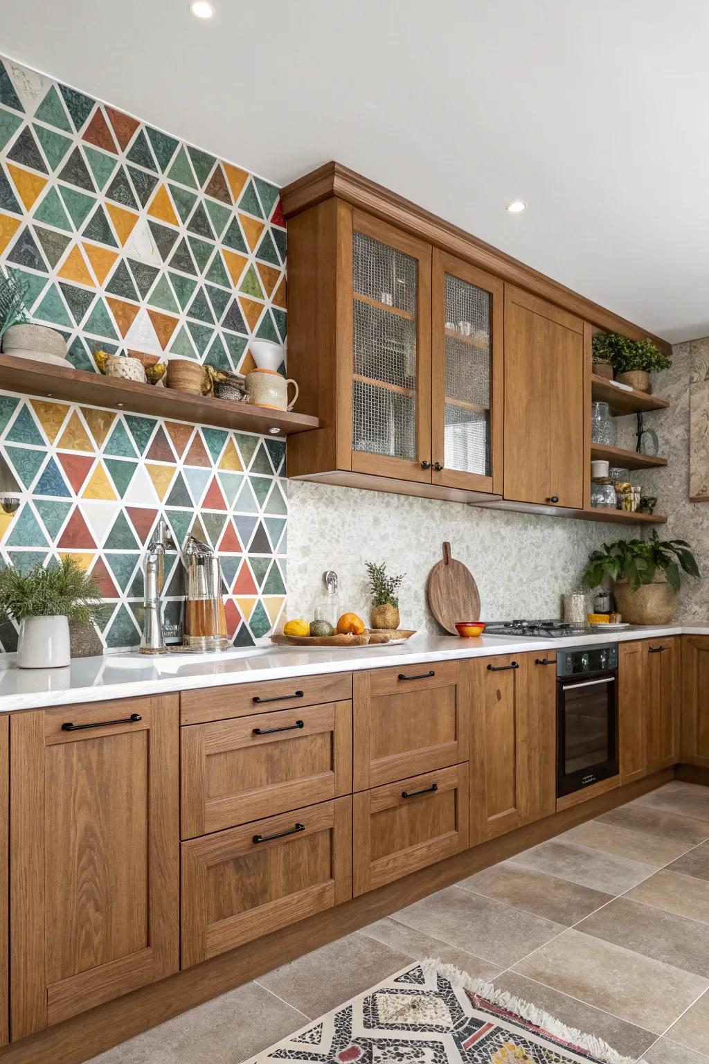 A modern backdrop adds depth and character to kitchens with oak cabinets.