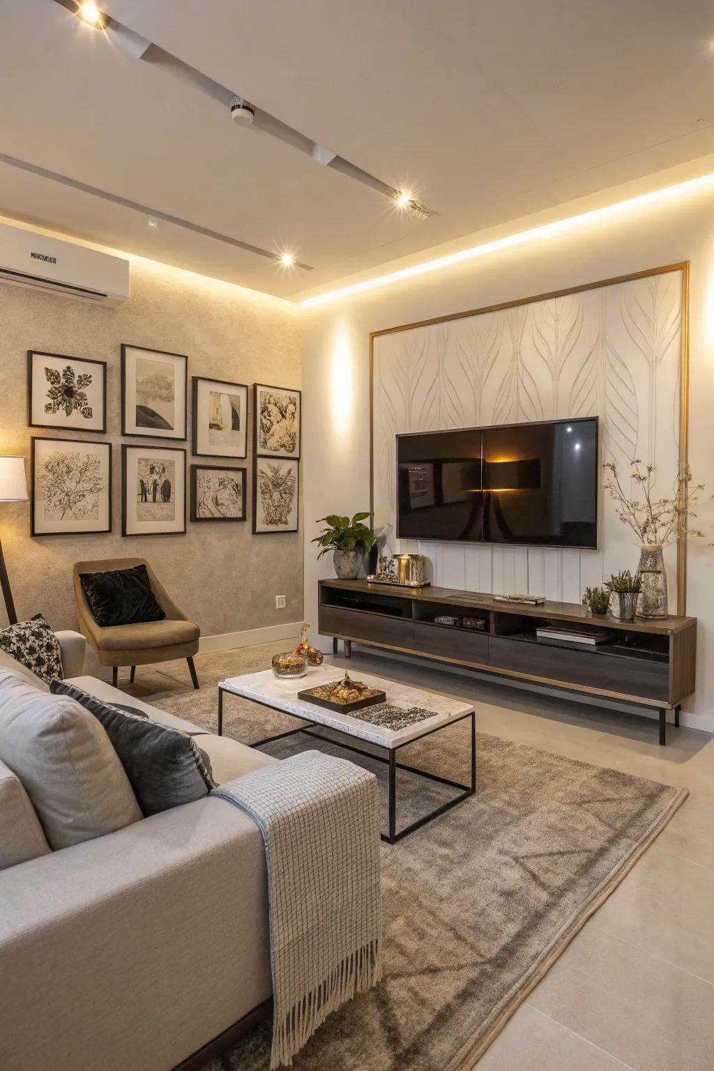 Unique decor pieces bring personality to a contemporary living area.