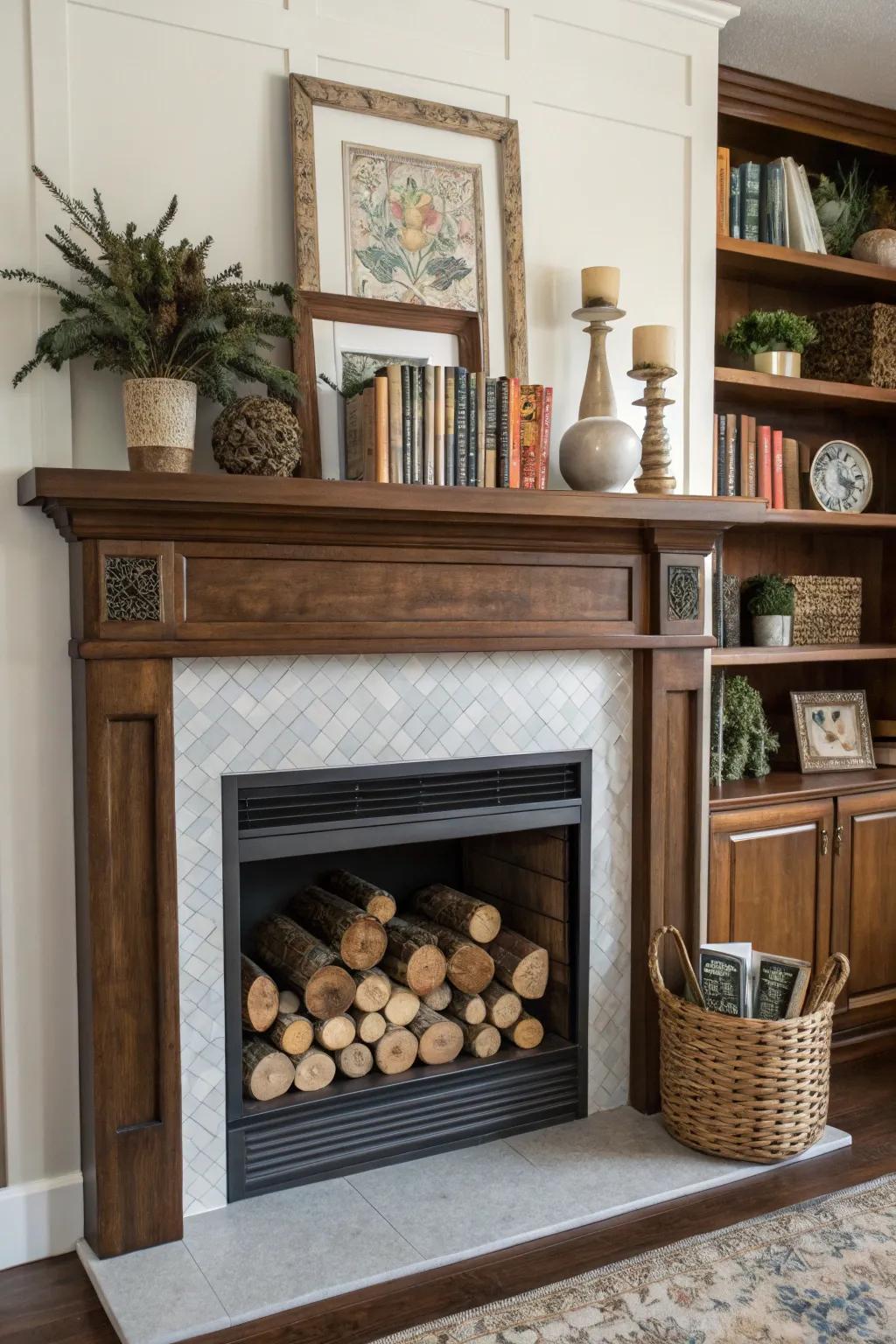 Practical styling on a mantel being both functional and visually pleasing.
