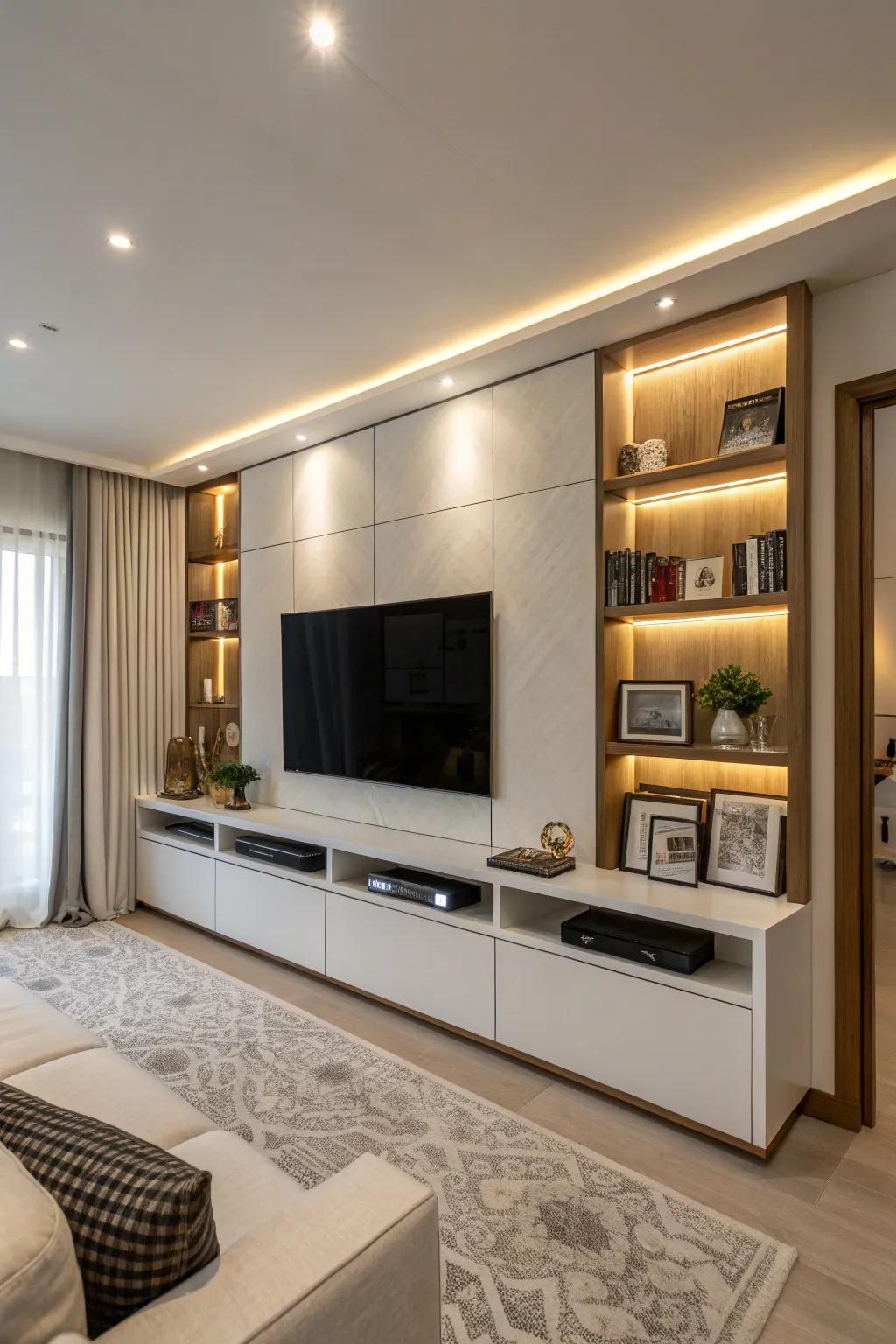 Hidden storage compartments maintaining a clutter-free and tidy media wall.