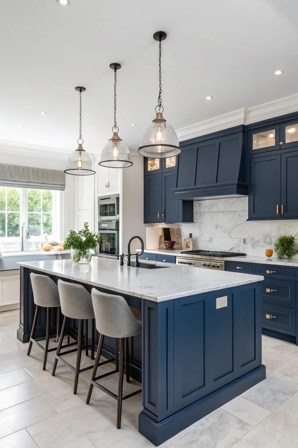 Hanging lights brighten and emphasize the beauty of deep sea-inspired cabinets.