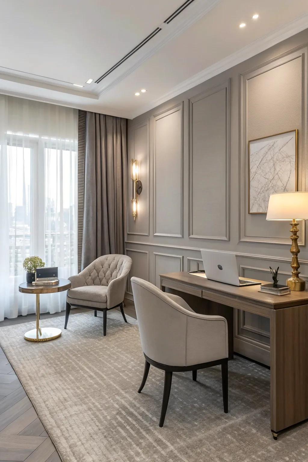 An office featuring a neutral color scheme with gentle tones.