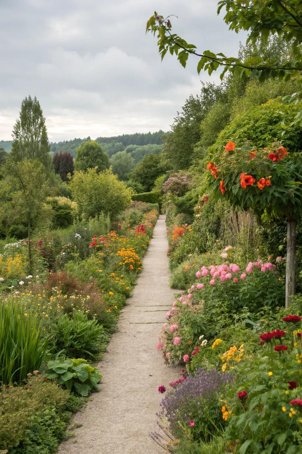 A garden path encompassed by vibrant planted borders for a natural combination.