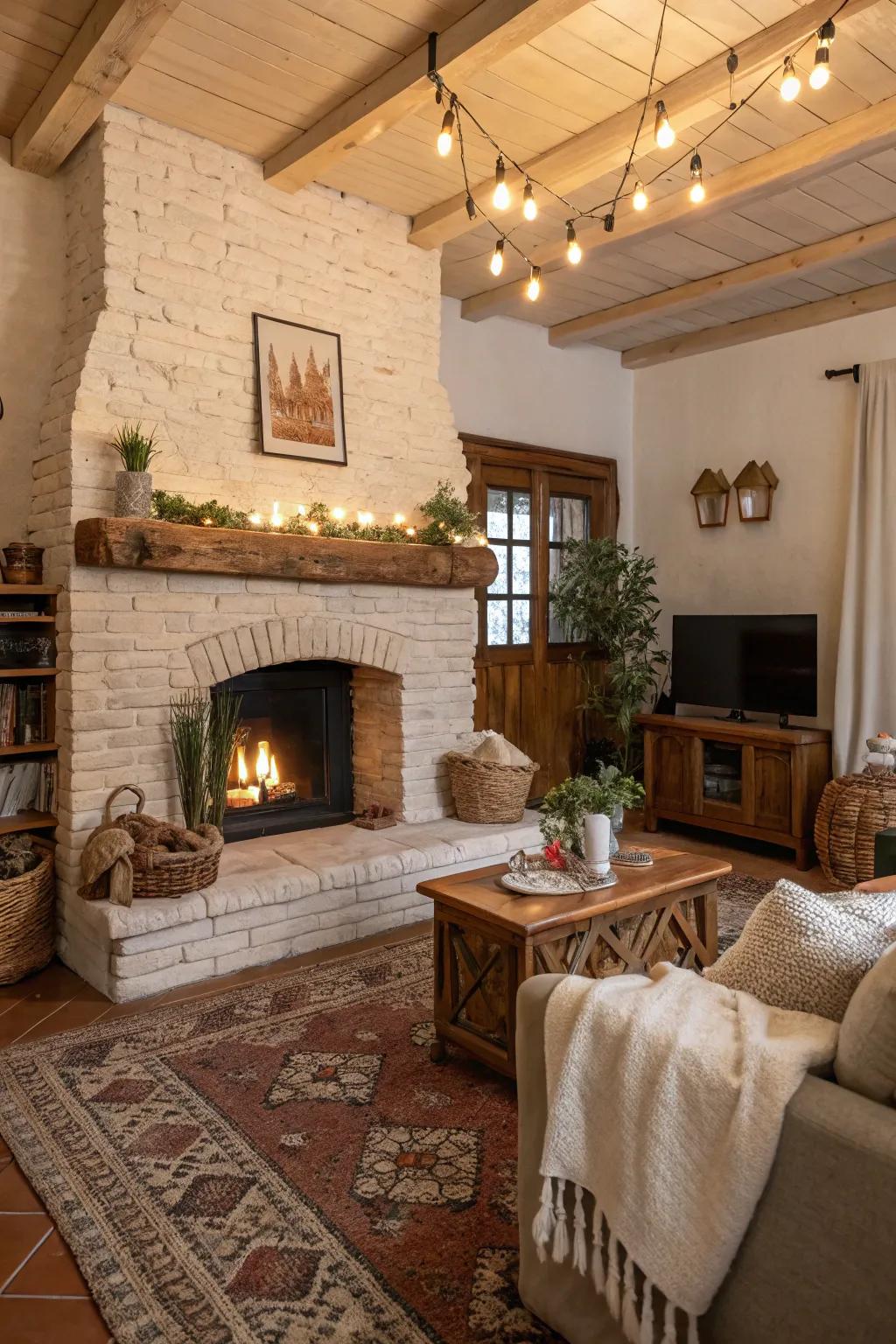 Native-toned painted brick fireplace presenting warmth and appeal.