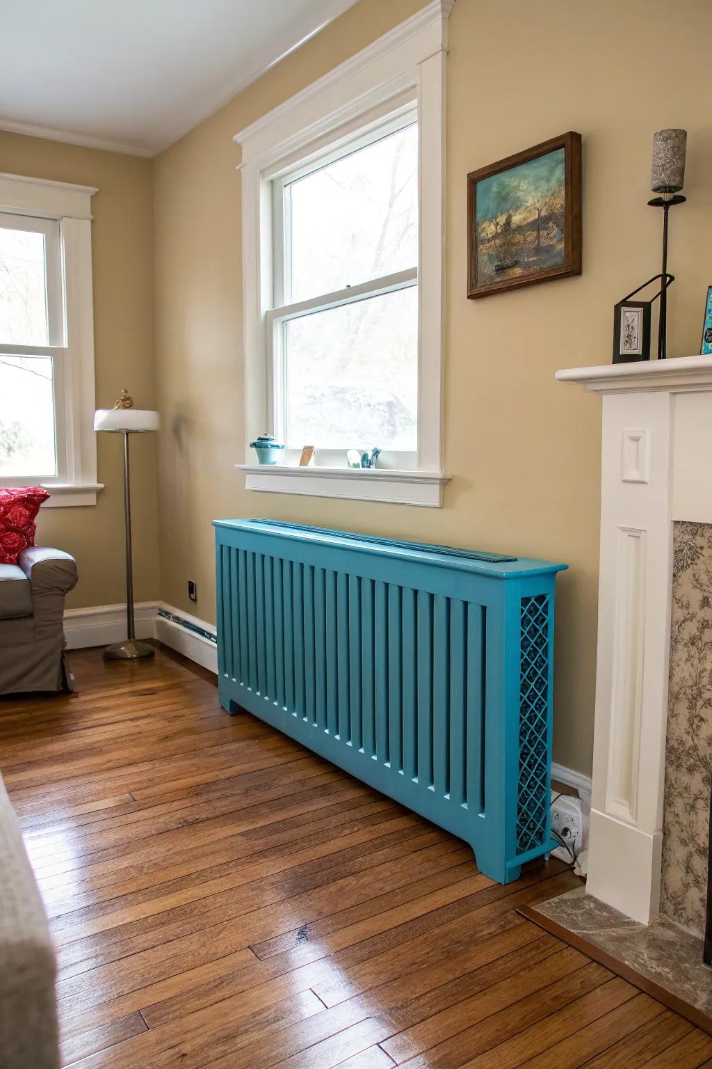 A painted radiator shield that acts as a vibrant centerpiece.