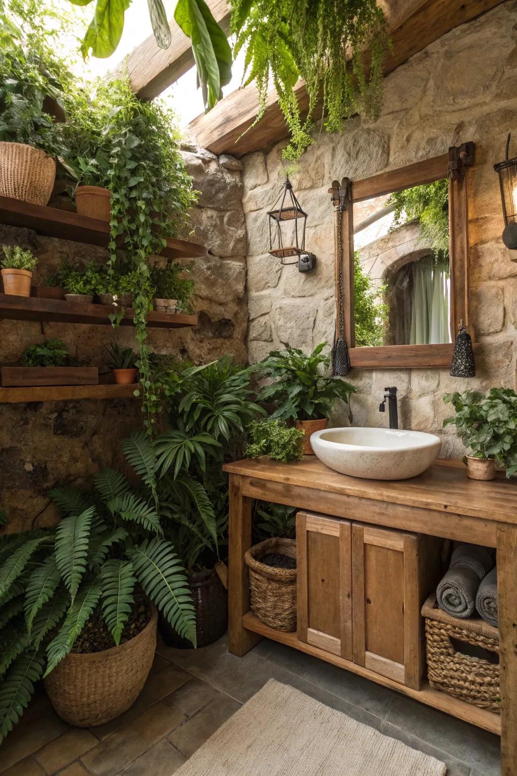 Greenery introduces a revitalizing and organic component to the rustic decor.