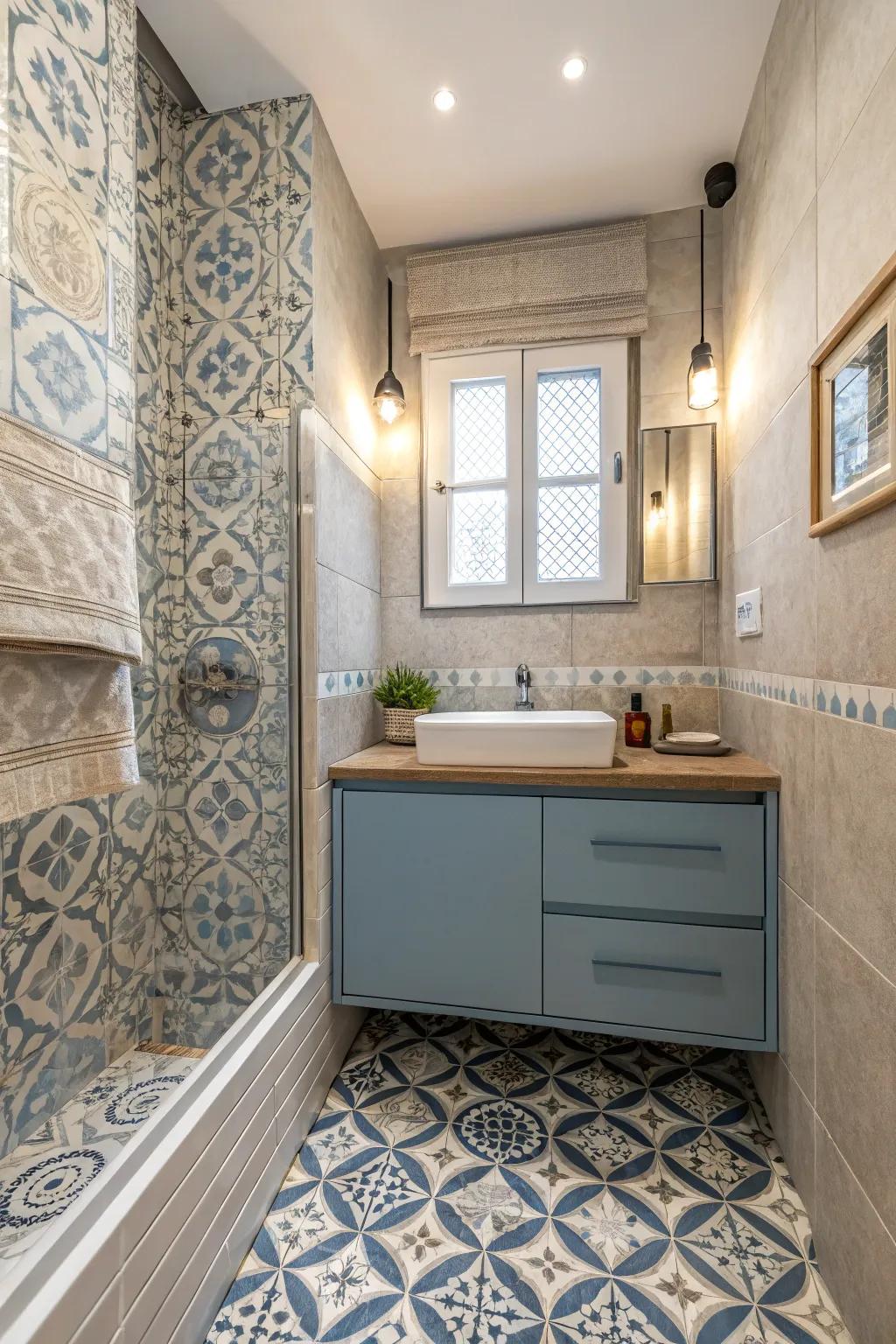 Stylish tiles add character to this small bathroom.