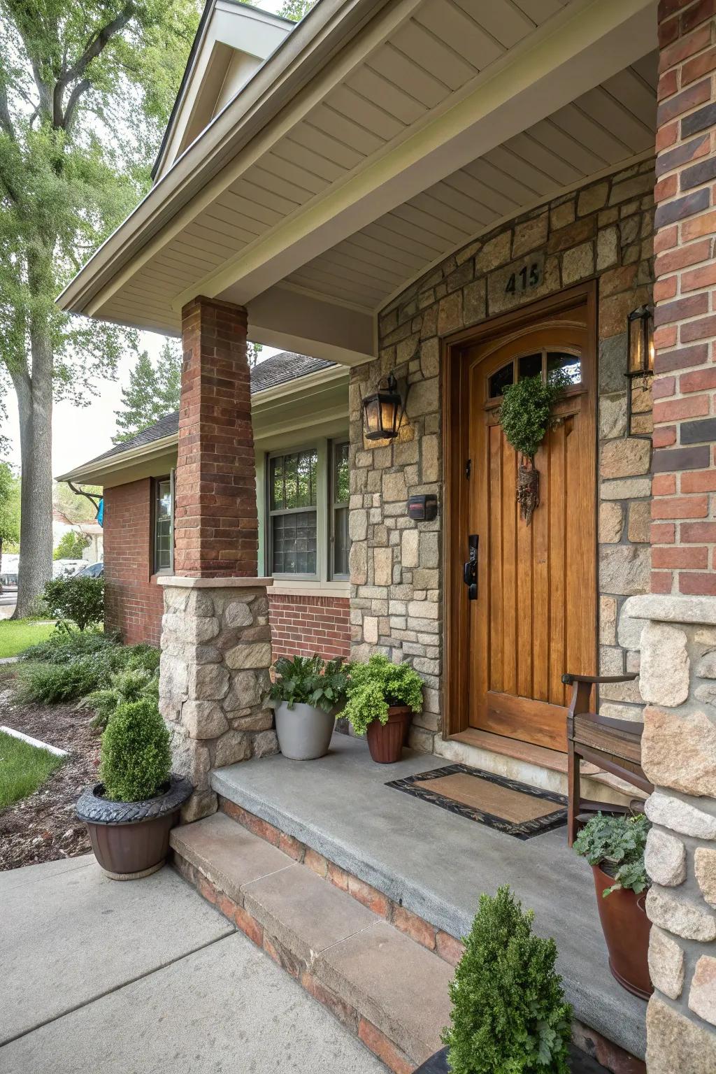 A compact front porch enhanced with textured stone and brick elements.