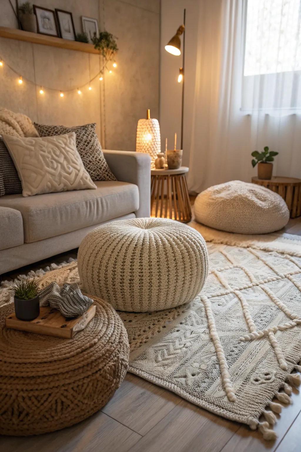 A small, modern living area with textured rugs and cushions for extra warmth.