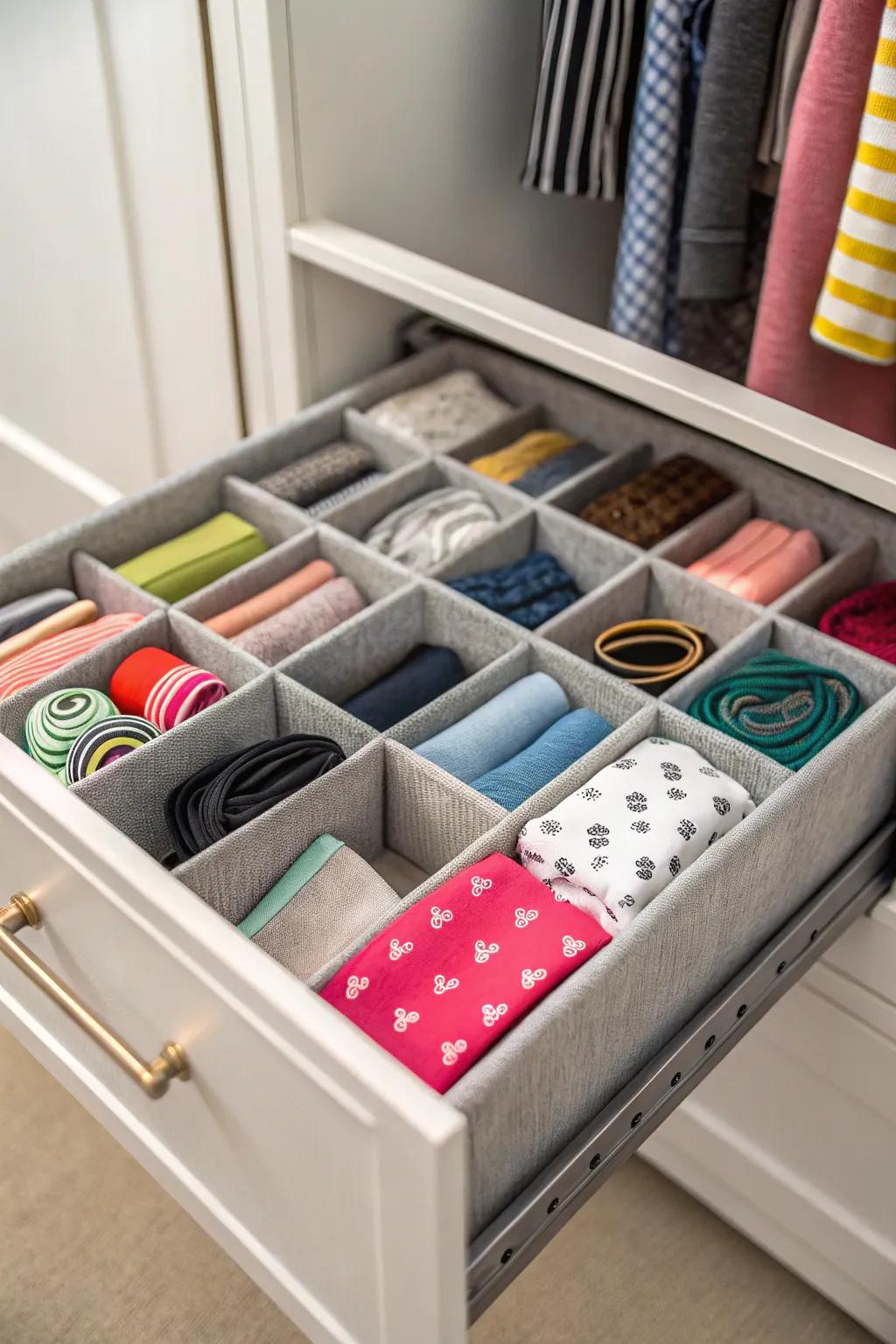 Drawer dividers keep small items tidy and accessible.