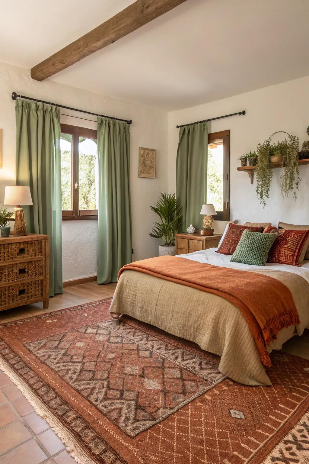 Soil-inspired colors establish a calming and grounded atmosphere in a modern Spanish bedroom.