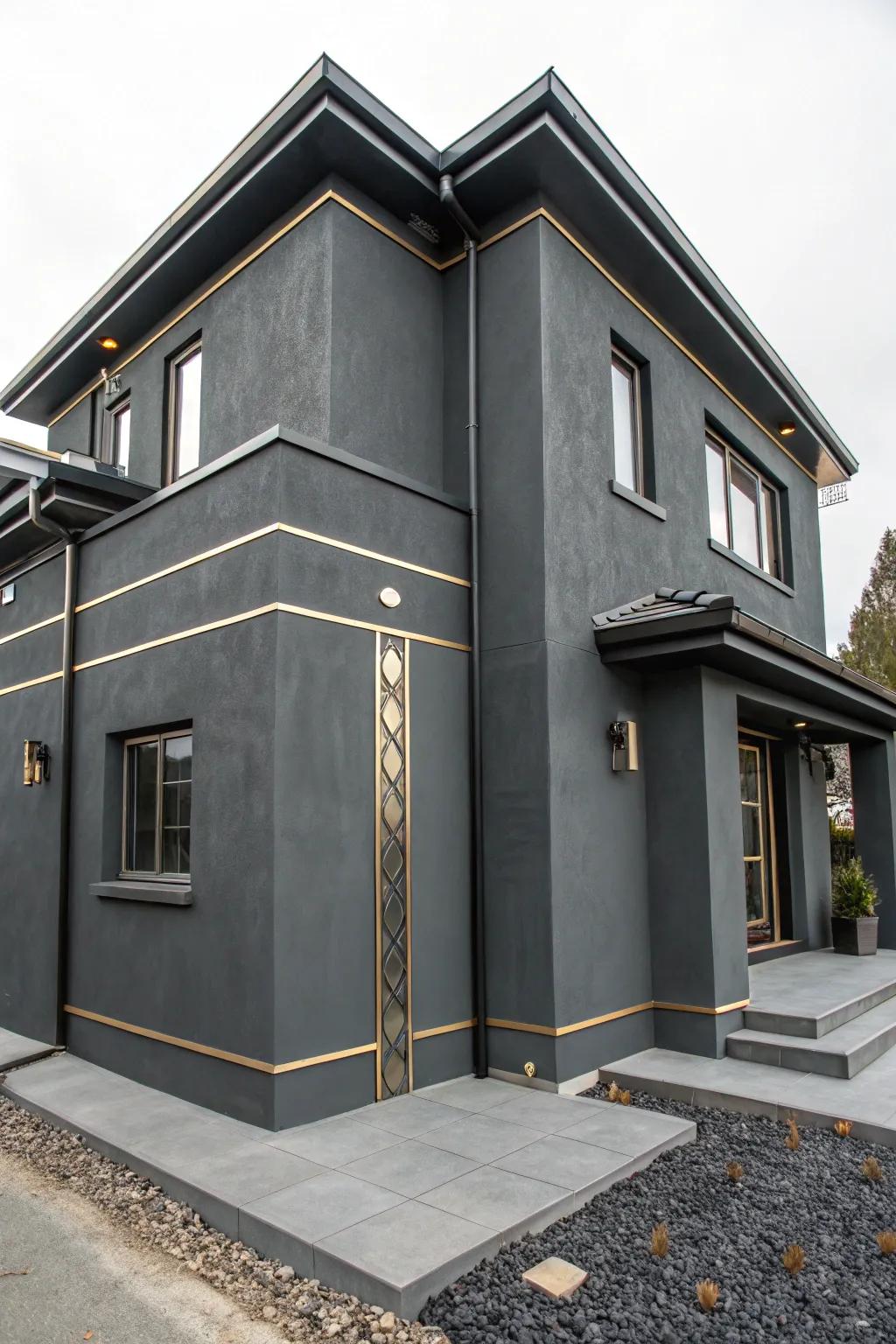 Bold carbon stucco house with striking accents.