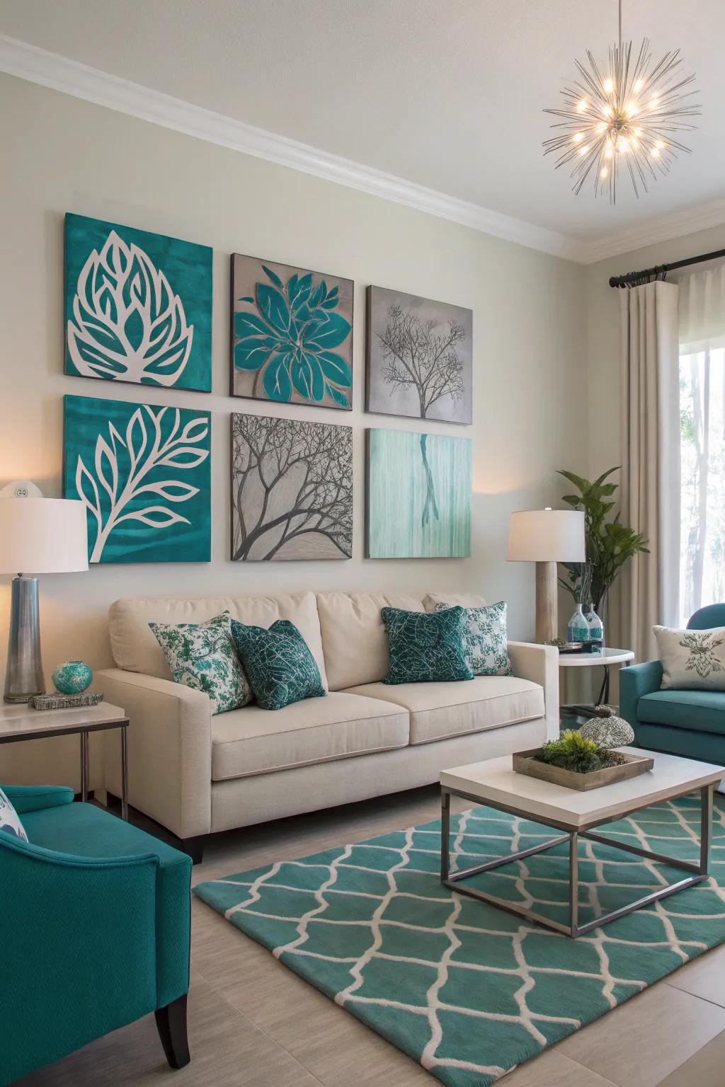 Art pieces in teal and gray tie the room’s design together beautifully.