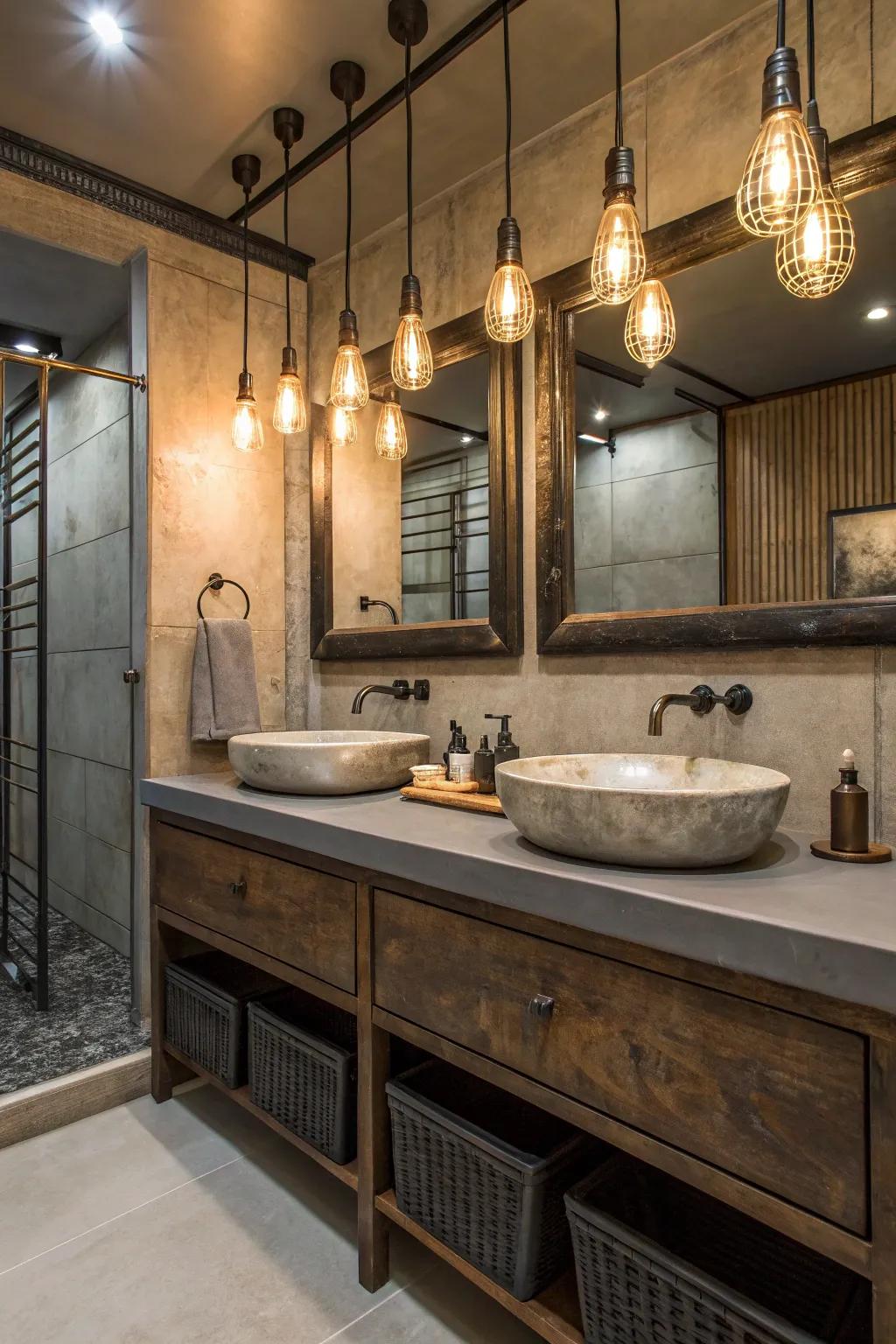 Industrial aesthetic lighting provides a modern edge.