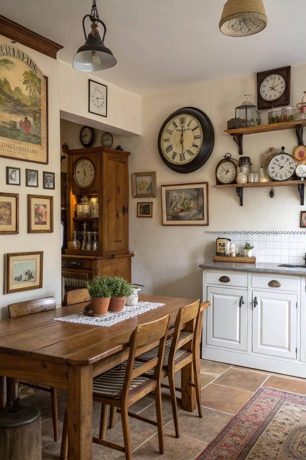 Antique decor enriches the kitchen with history and character.