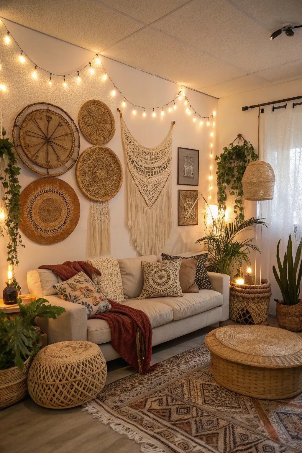 Wicker wall hangings adding warmth to a relaxed living space.