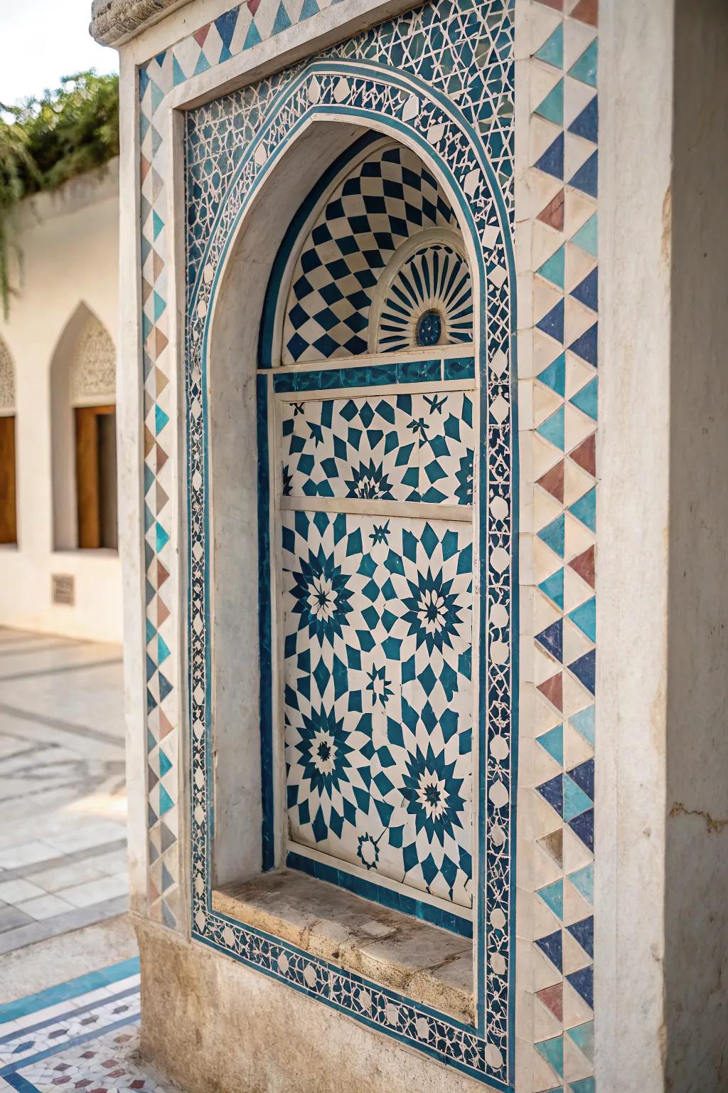 A wall niche features a cool geometric design.