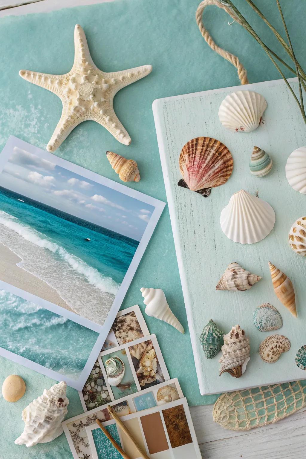 A coastal mood board featuring ocean-like colors and sandy textures.
