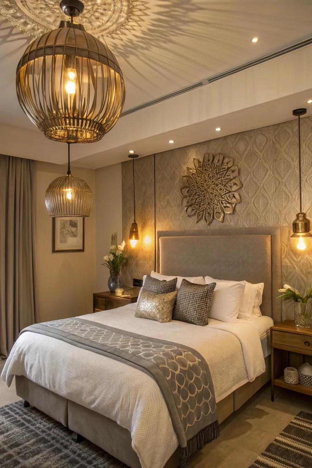 A bedroom featuring metallic light fixtures and decor accents.