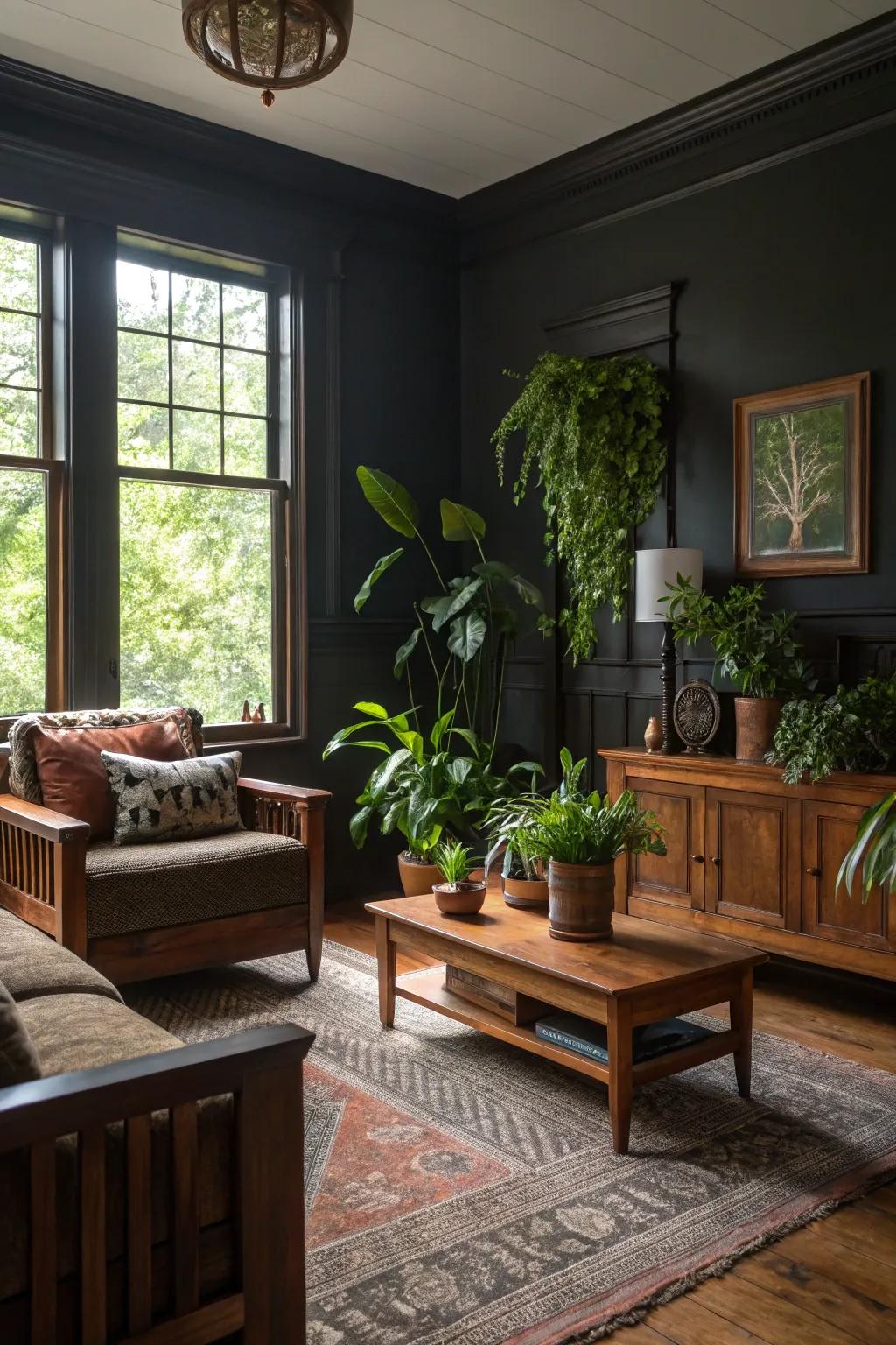 Organic details like wood furniture and plants in an atmospheric living space.
