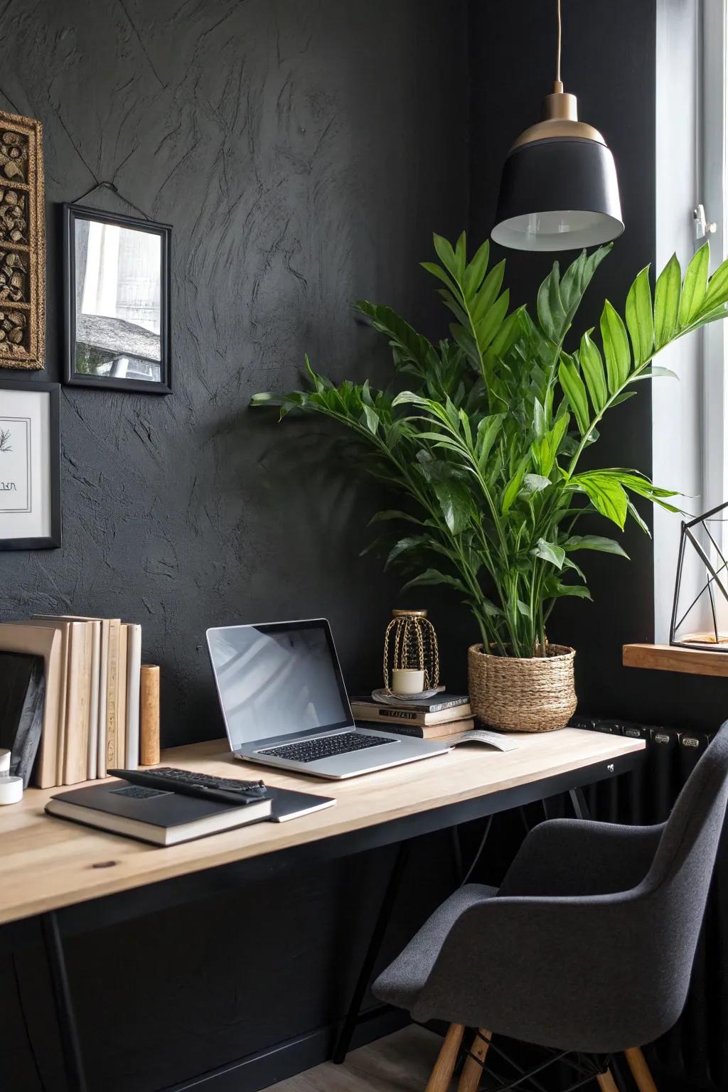 A dash of greenery enlivens this sophisticated office environment.