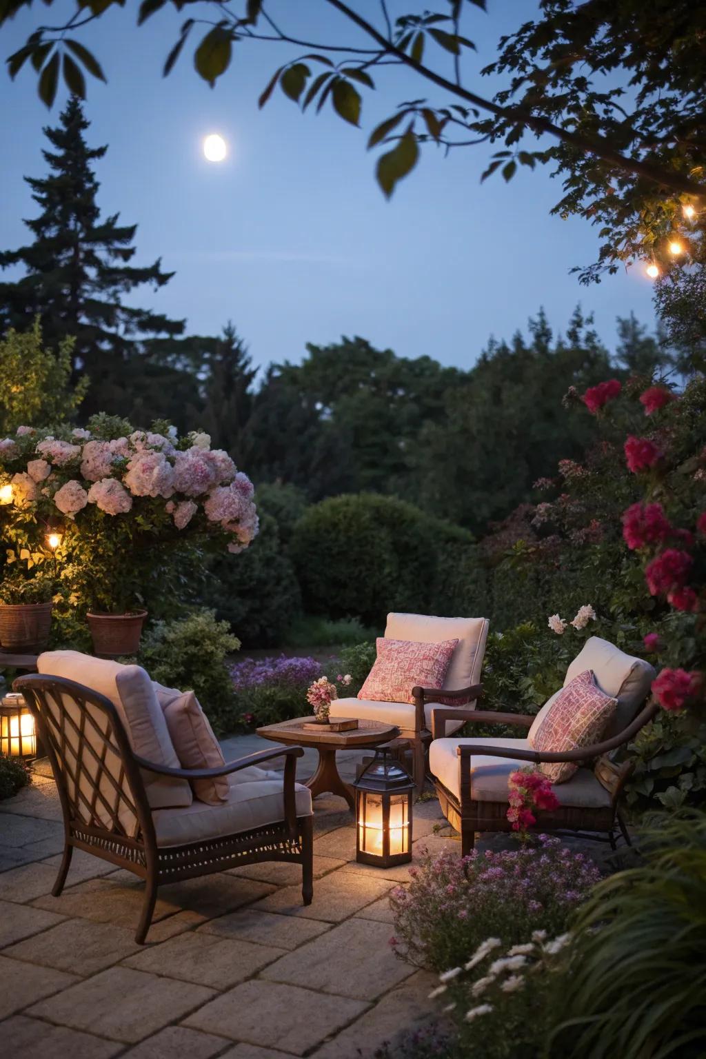 A relaxing seating area perfect for unwinding under the moonlight.