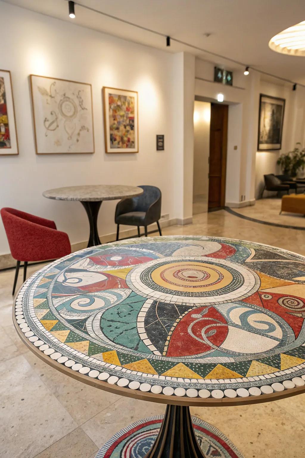 Abstract mosaic designs transform tables into enthralling works of art.