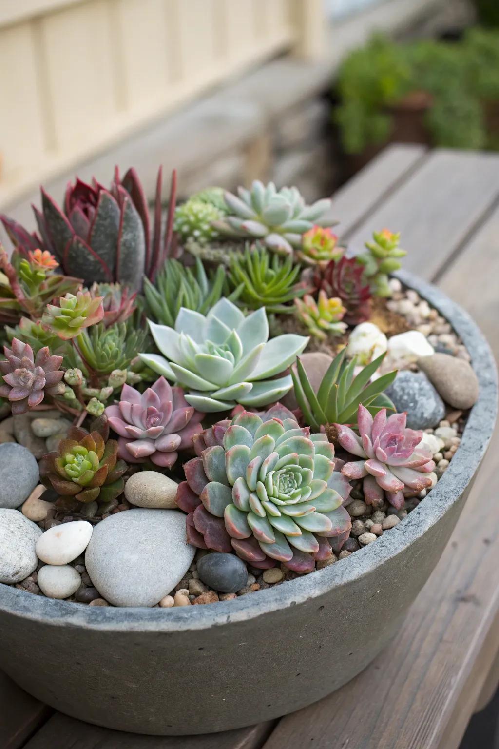 A stylish pot overflowing with a variety of succulents.