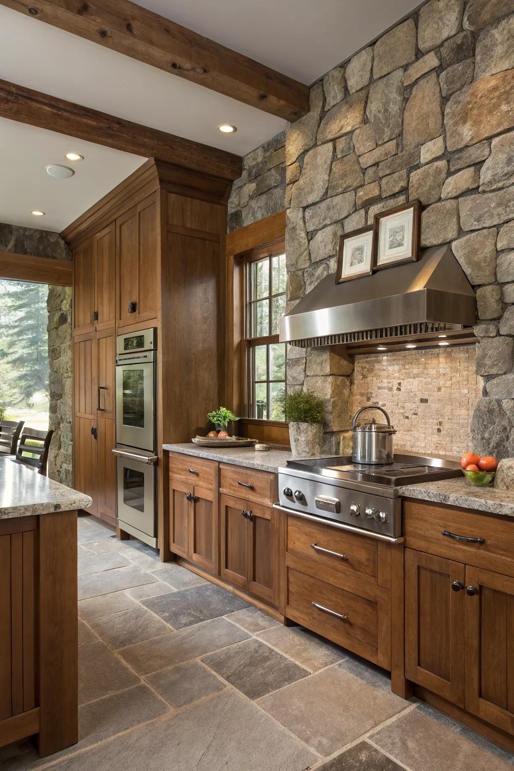 A harmonious blend of natural materials creates a warm and welcoming kitchen.