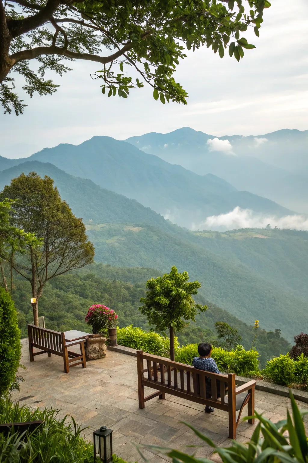 A scenic seating area showcasing amazing mountain views.