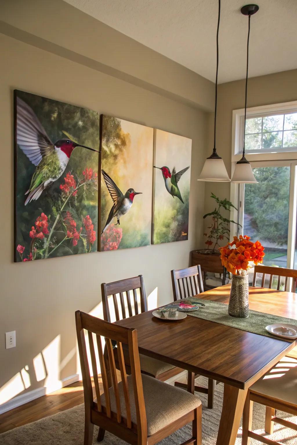 An exciting depiction of hummingbirds mid-flight, that adds beauty and spirit to the dining area.