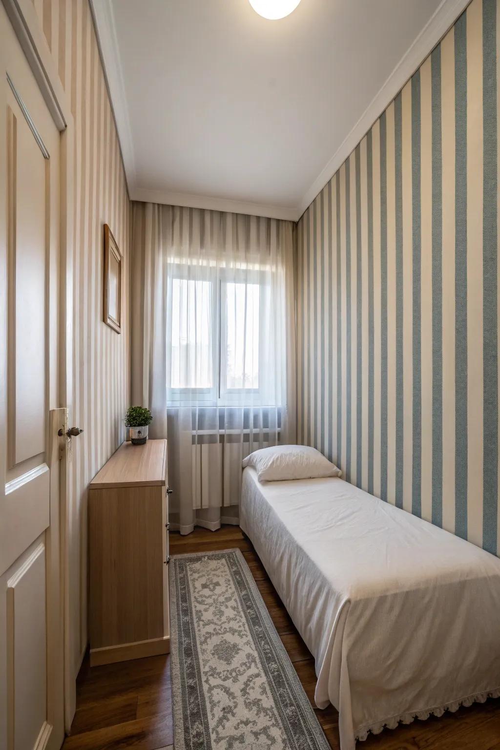 Upright stripes incorporating height and visual appeal in a slender bedroom.