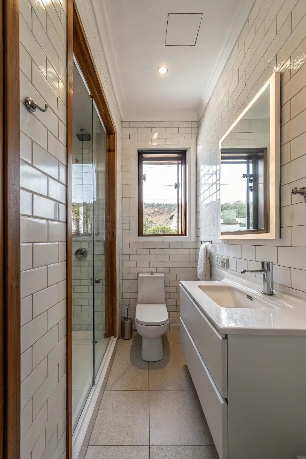 Floor-to-ceiling mirrors make small bathrooms feel larger.