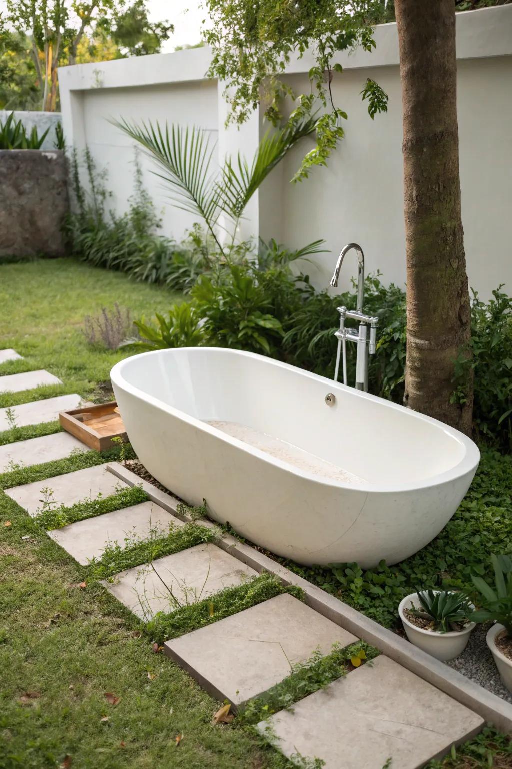 Welcome minimalist serenity with a sleek outdoor bathtub design.
