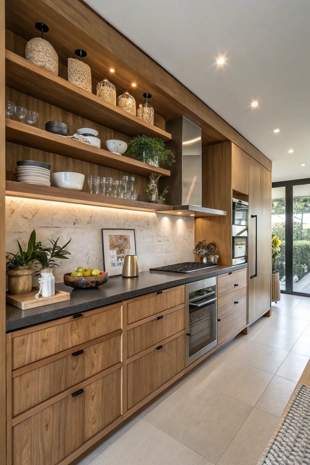 Open shelving contributes charm and practicality.