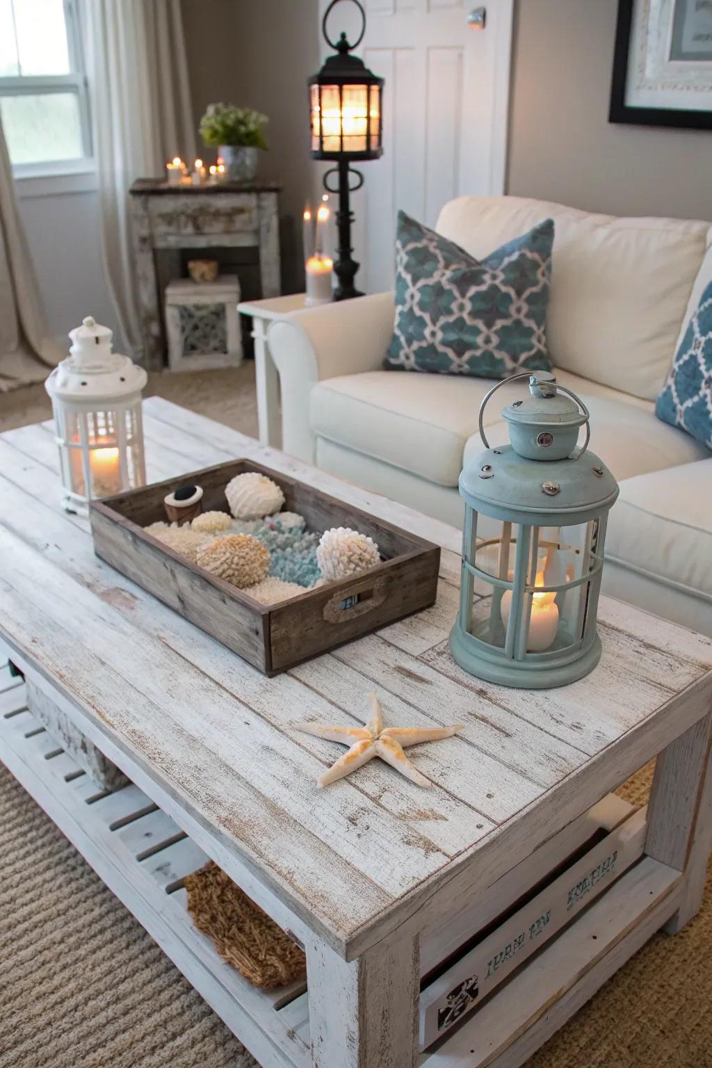 Weathered wood furniture adds rustic charm to your nautical decor.
