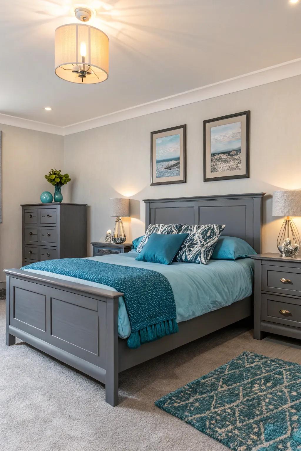 The contrast between charcoal grey and sky blue creates a perfectly balanced and inviting space.