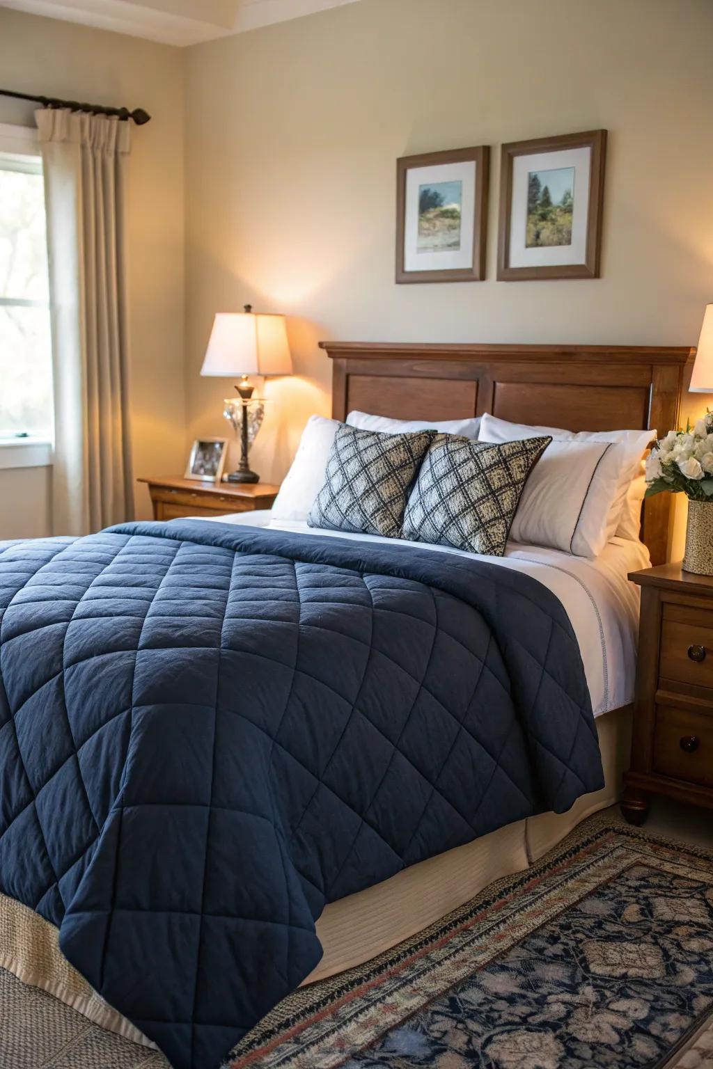 Incorporate warmth with a textured padded dark blue comforter.