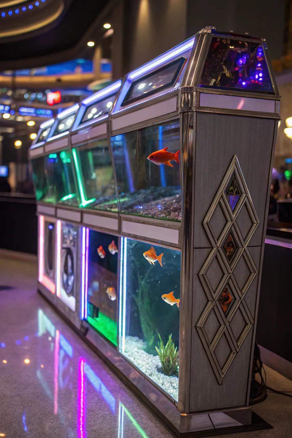 A visionary aesthetic builds an otherworldly vibe within this fluorescent aquarium.