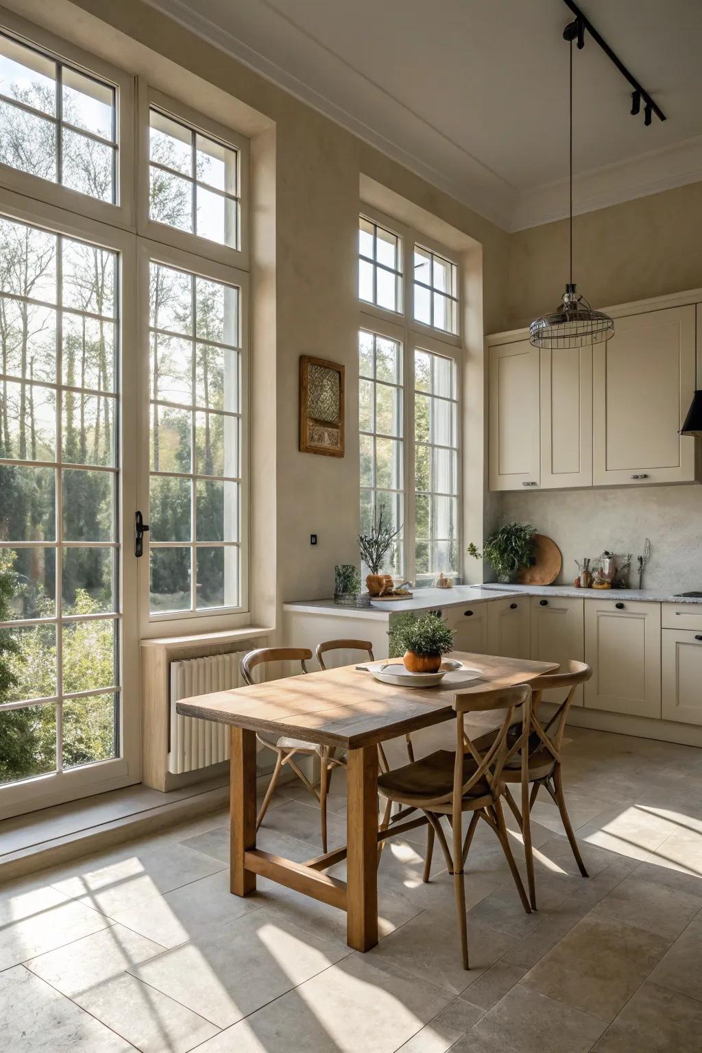 Natural light enhances the beauty of neutral kitchen tones.