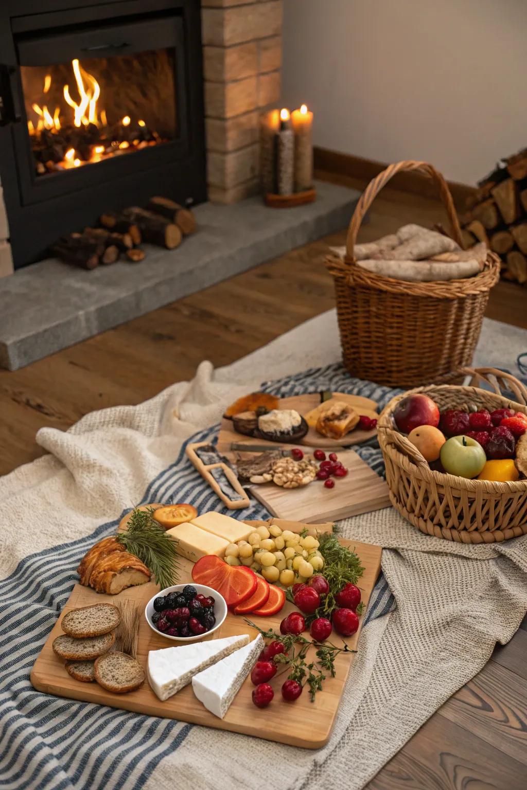 An appealing winter picnic set up inside, perfect for festive parties.