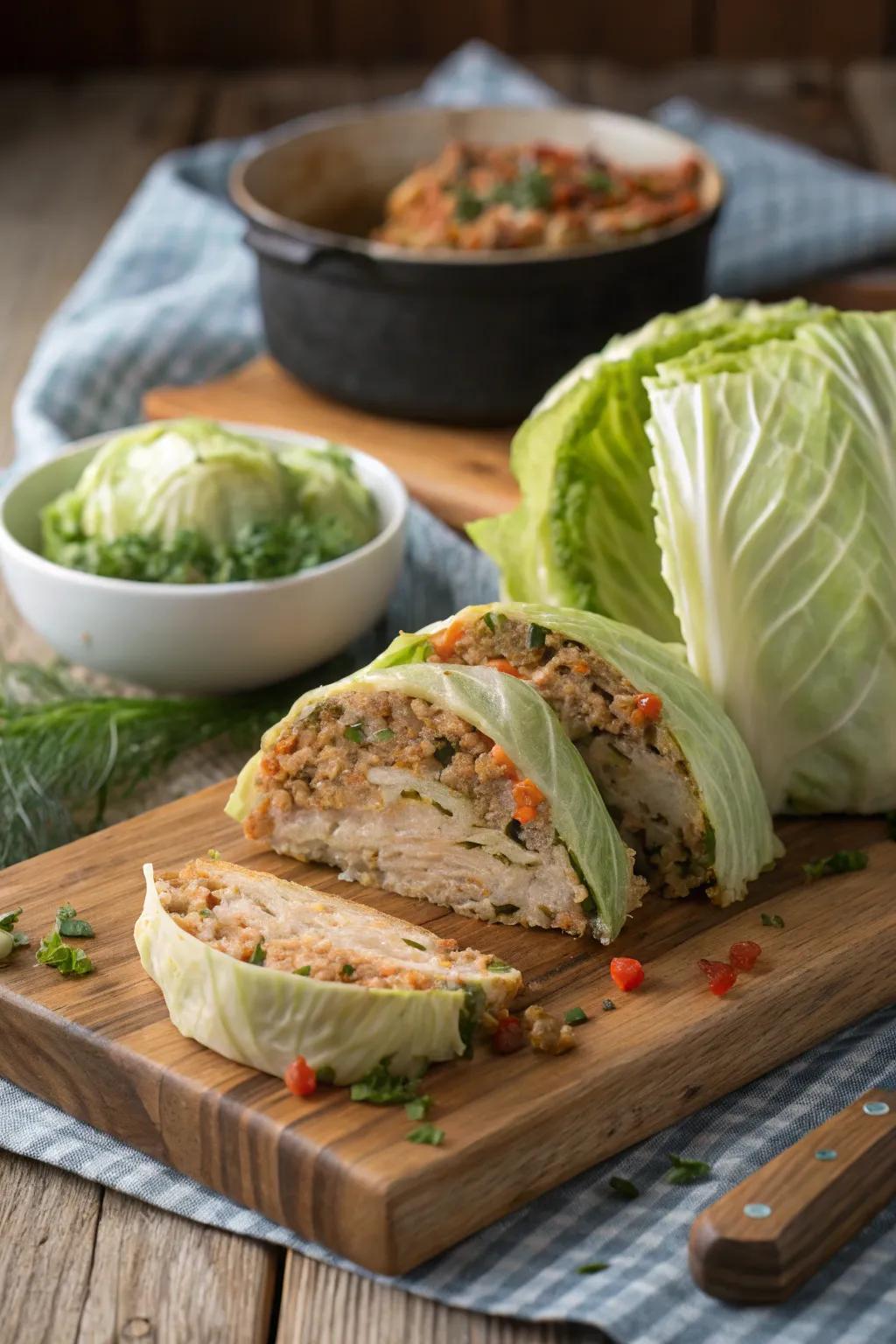 A Complete Stuffed Cabbage, providing a unique and flavorful addition to the New Year's menu.