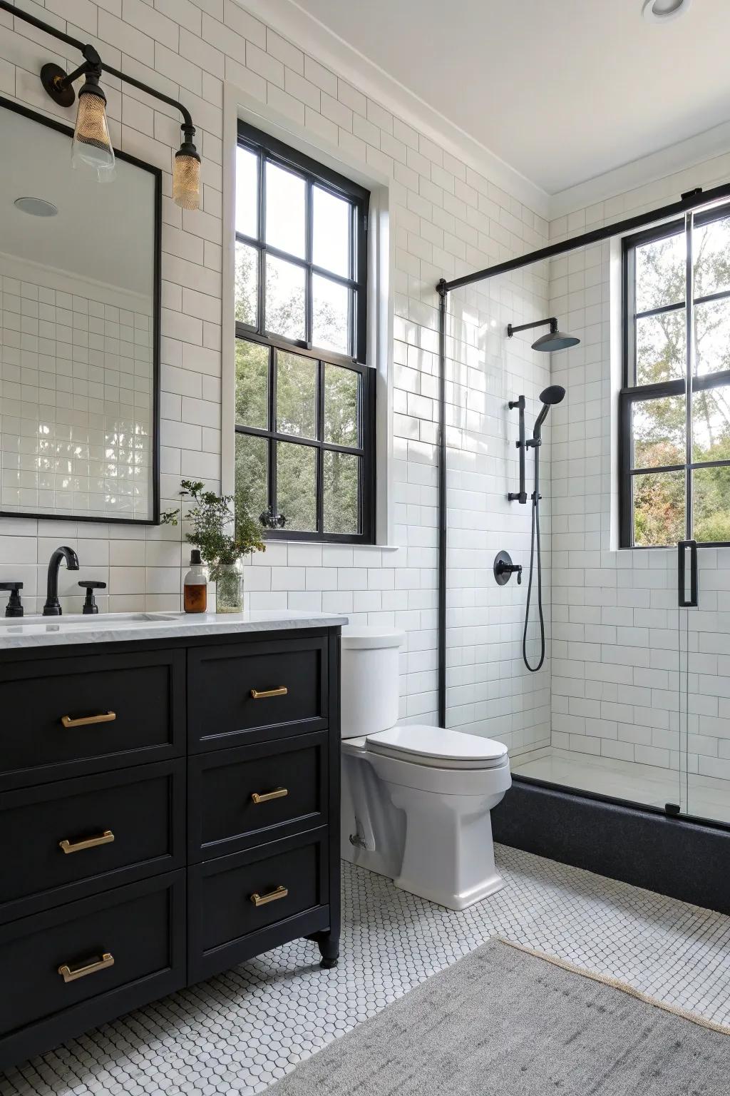 Modern fittings in matte black improving the bathroom's elegance.
