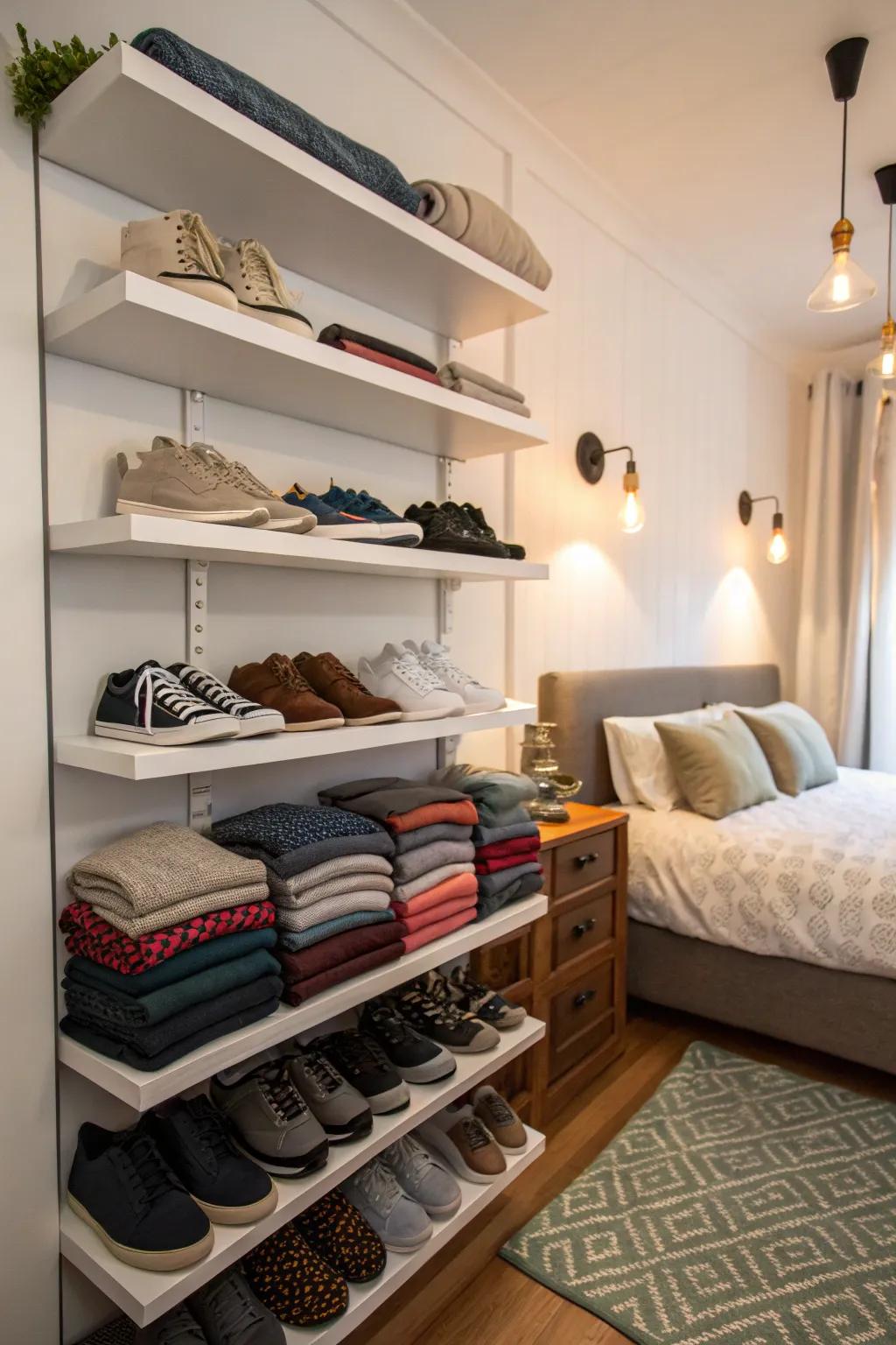 Floating shelves save space while enhancing style.