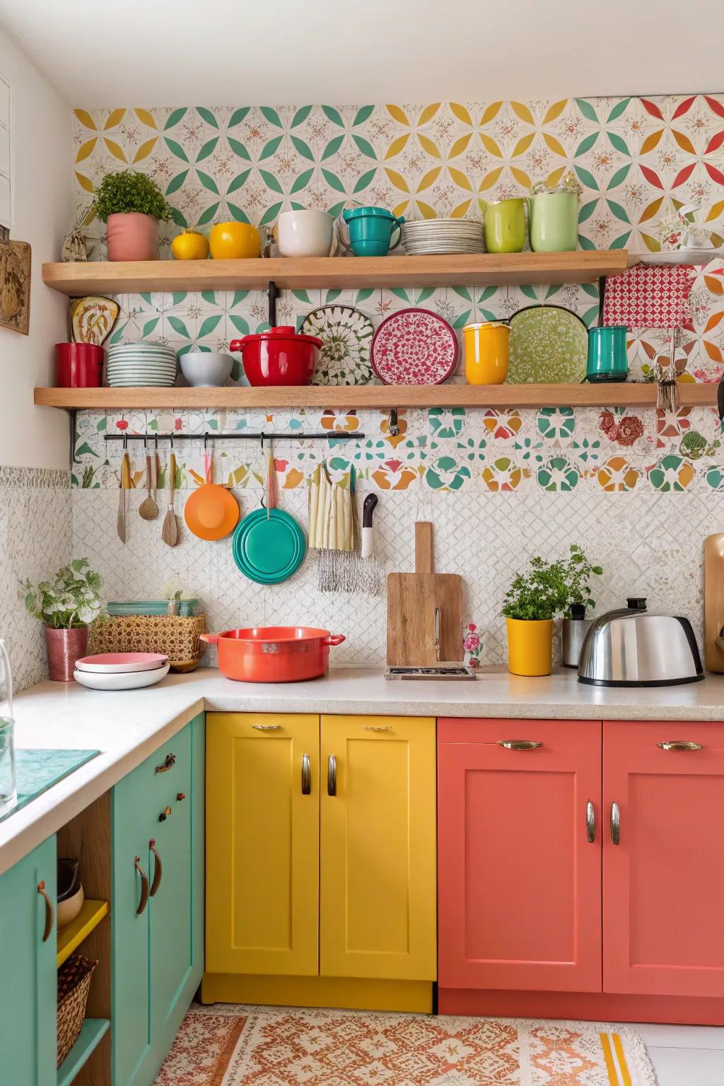 Decorative paper backsplashes provide a unique and colorful kitchen touch.