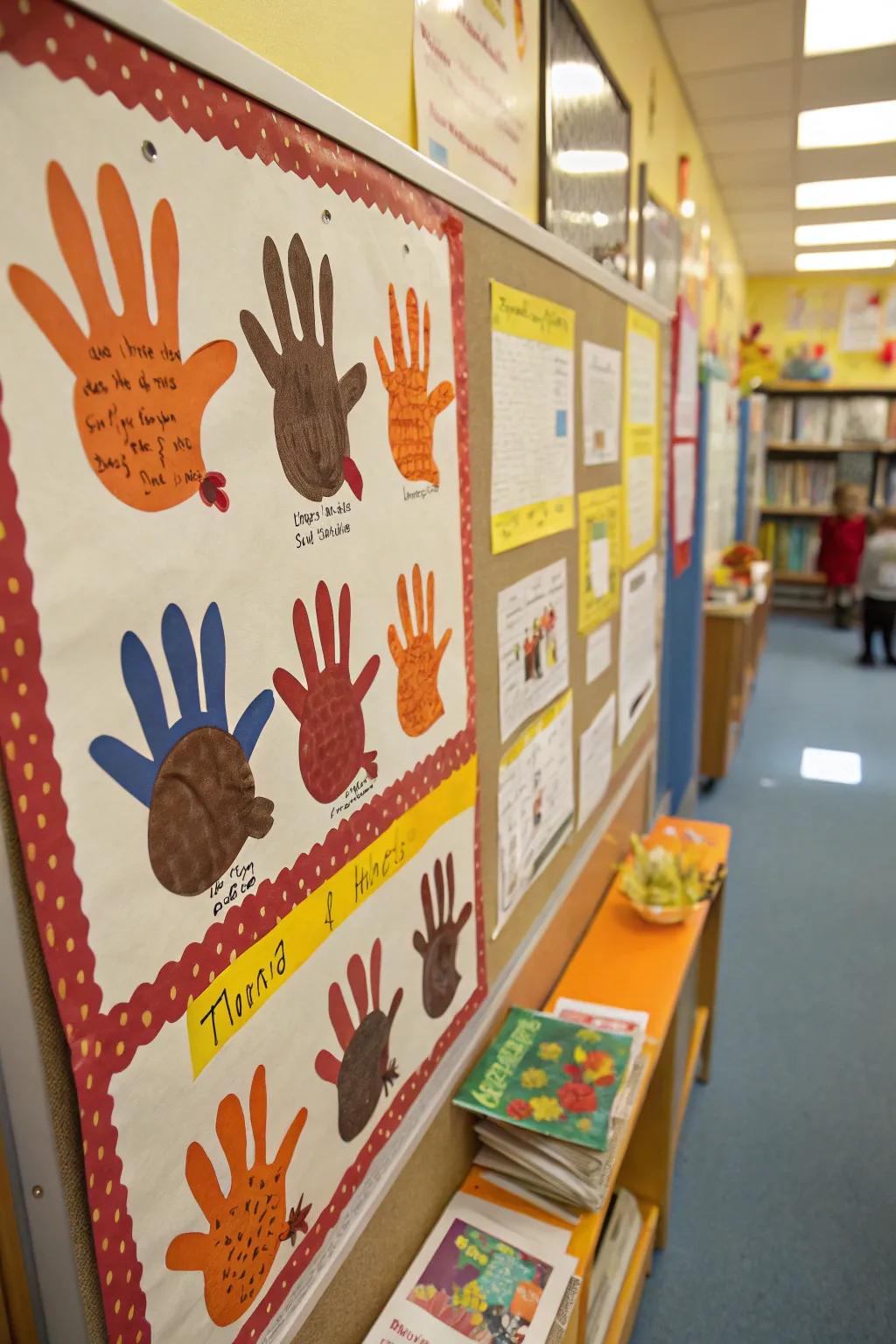 A bulletin board featuring handprint birds.