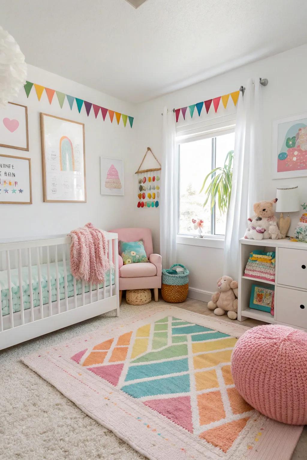 A bright and airy nursery with pure white walls.