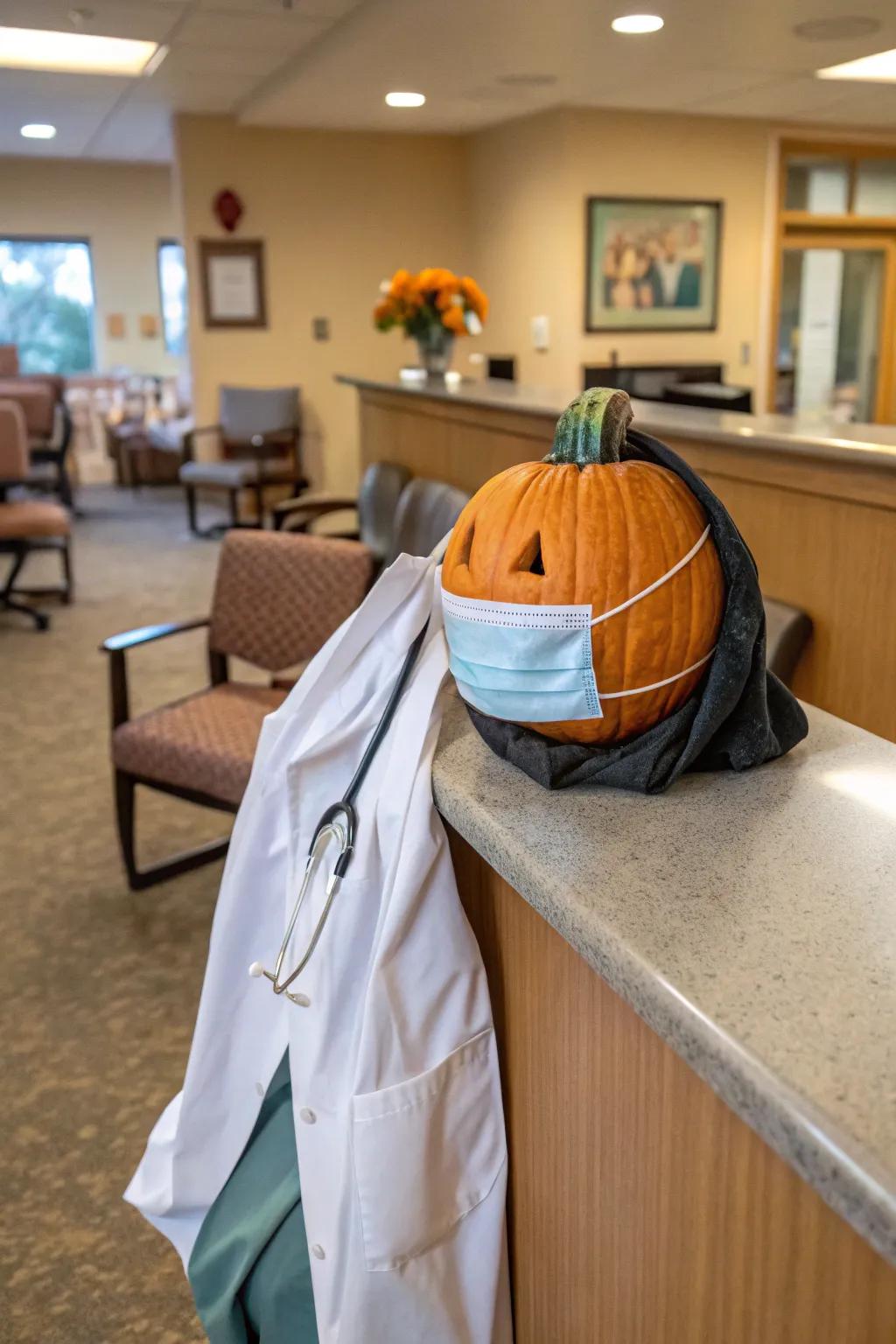 Everyone is made happy by a pumpkin dressed as a medic.