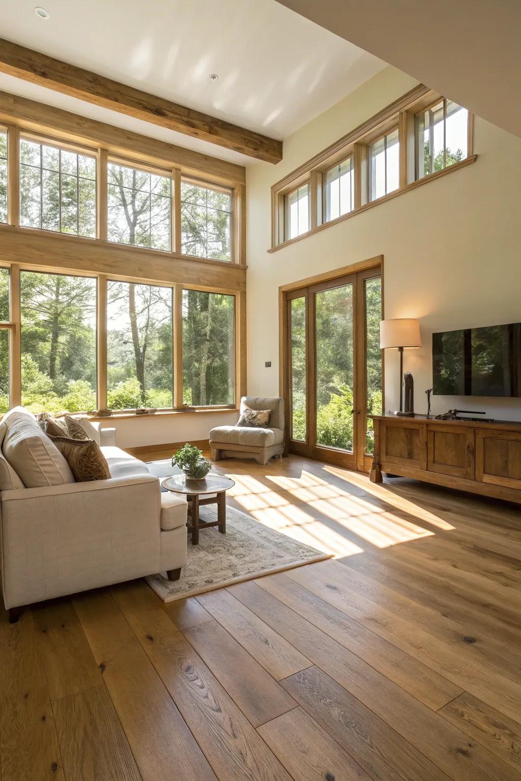 Sunlight enhances the beauty of light oak flooring.
